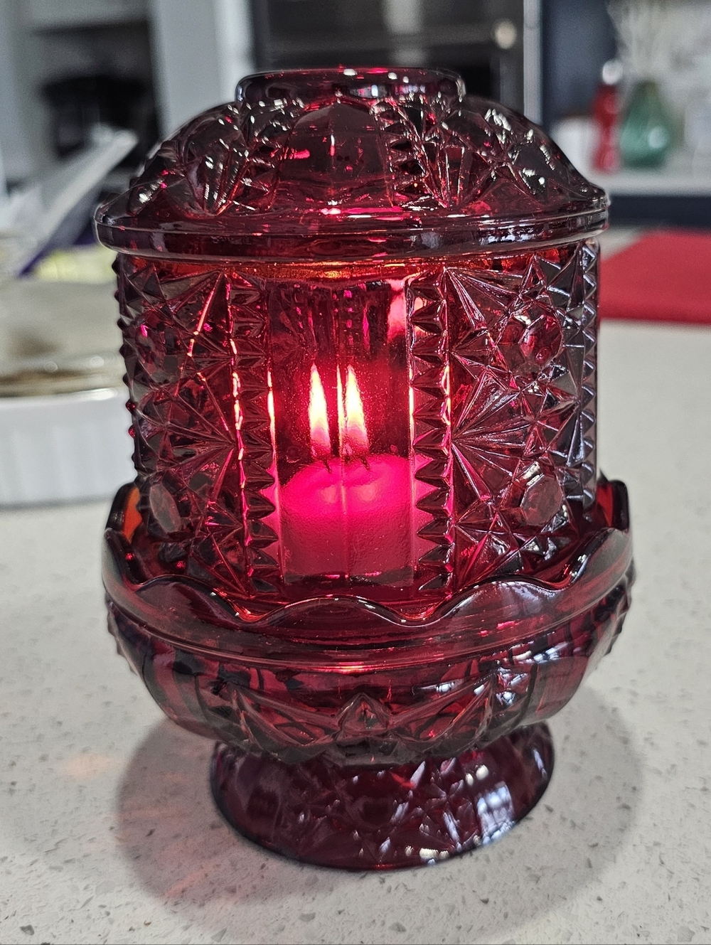 Indiana Glass Homco Ruby Amber Stars And Bars Fairy Lamp 3 Piece Originl Box Vtg